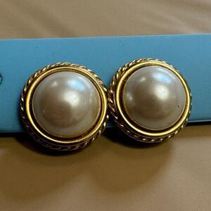 Carolee Goldtone Faux Pearl Clip-On Earrings – 0.75 Inch Round Button Style